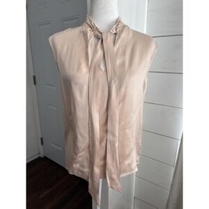 Sandro Blouse Womens Medium Blush Pink Silk Sleeveless Tie Neck Old Money Career